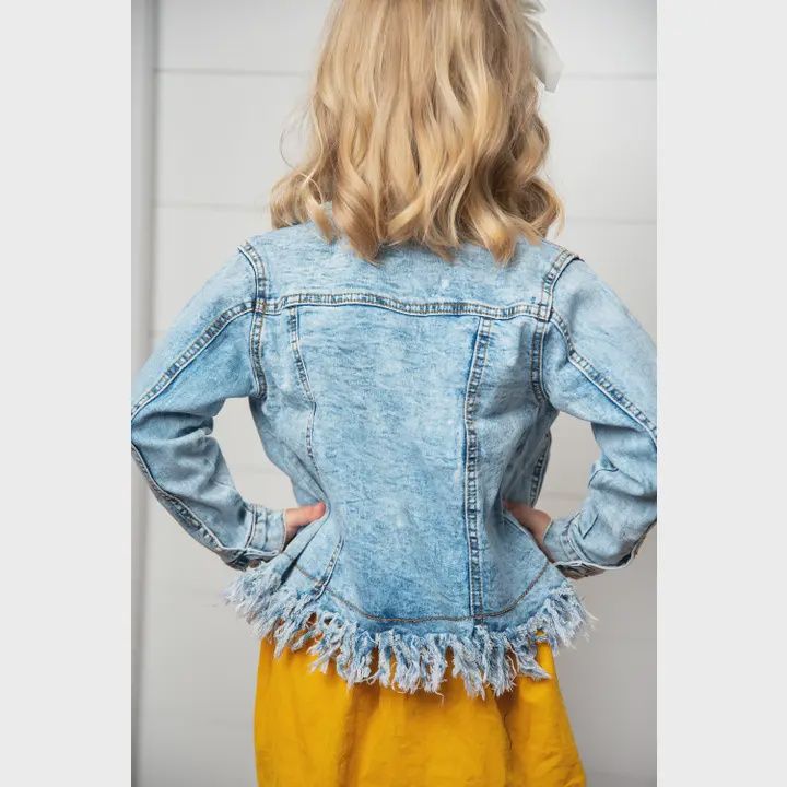 Kids Light Wash Faded Denim Fringe Winter Button Jacket