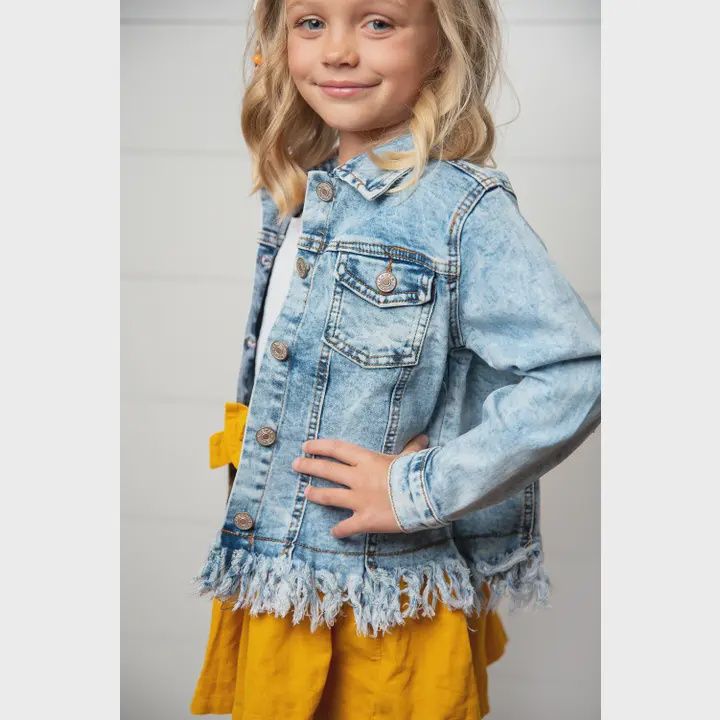 Kids Light Wash Faded Denim Fringe Winter Button Jacket