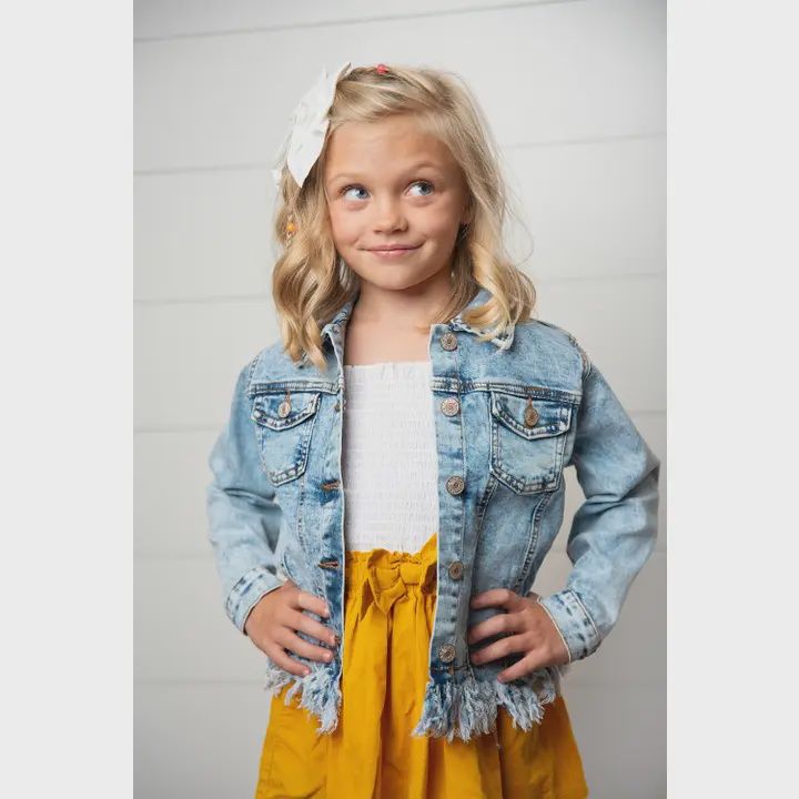 Kids Light Wash Faded Denim Fringe Winter Button Jacket, Size: 6