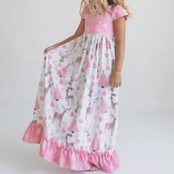 Kids Pink Christmas Holiday Reindeer Ruffle Lounge Play Gown