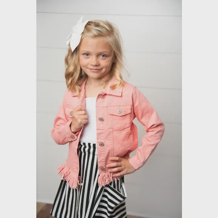 Kids Pink Denim Fringe Fall Winter Button Long Sleeve Jacket