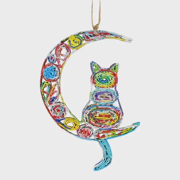Recycled Magazine Cat &amp; Moon Ornament