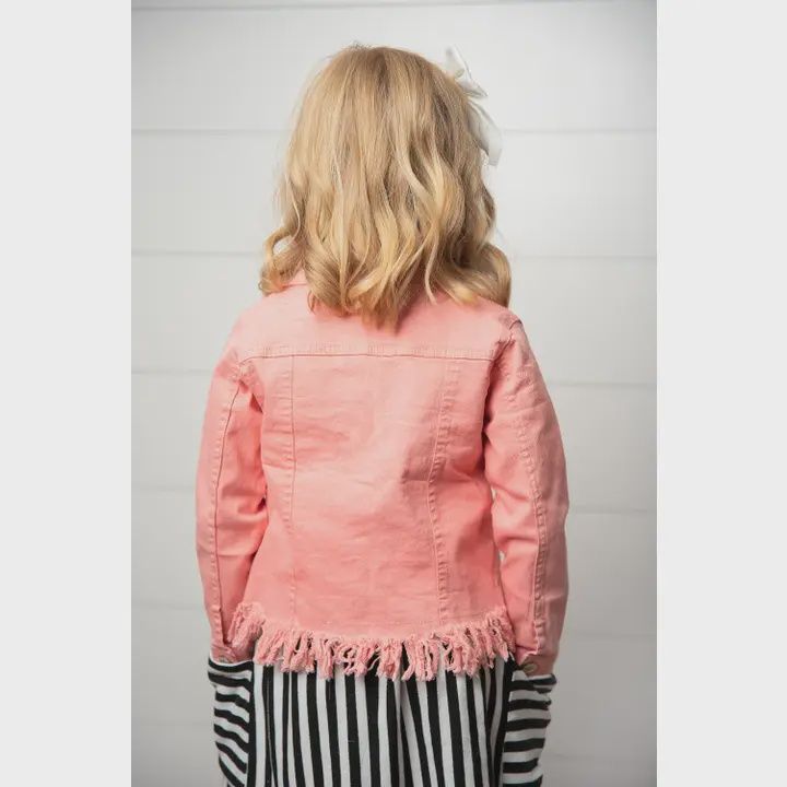 Kids Pink Denim Fringe Fall Winter Button Long Sleeve Jacket