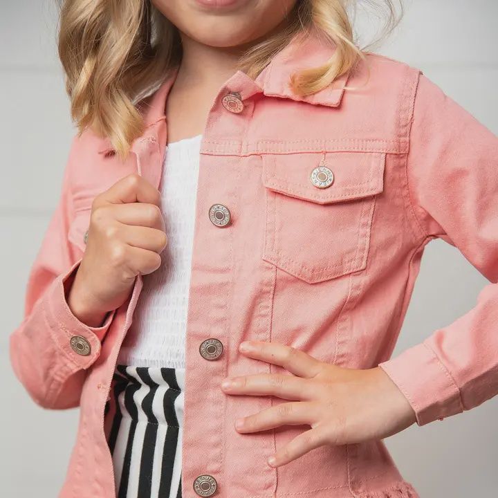 Kids Pink Denim Fringe Fall Winter Button Long Sleeve Jacket