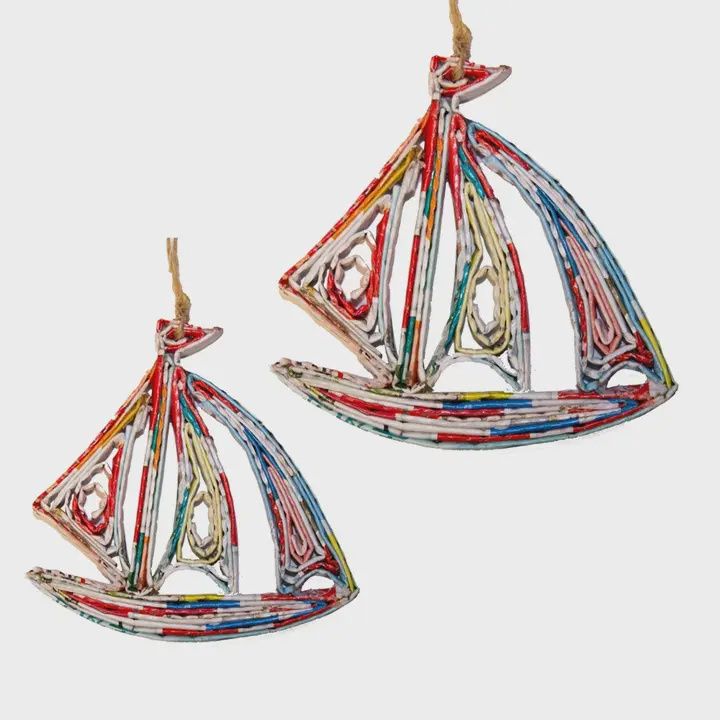 Recycled Magazine Yawl Sail Boat Ornament