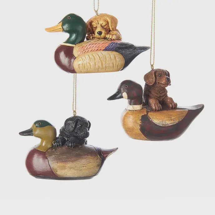 Resin Puppy W/Duck Decoy Ornament