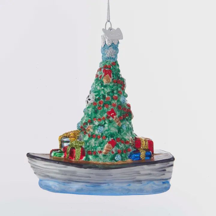 Boat W/Tree Glass Ornament