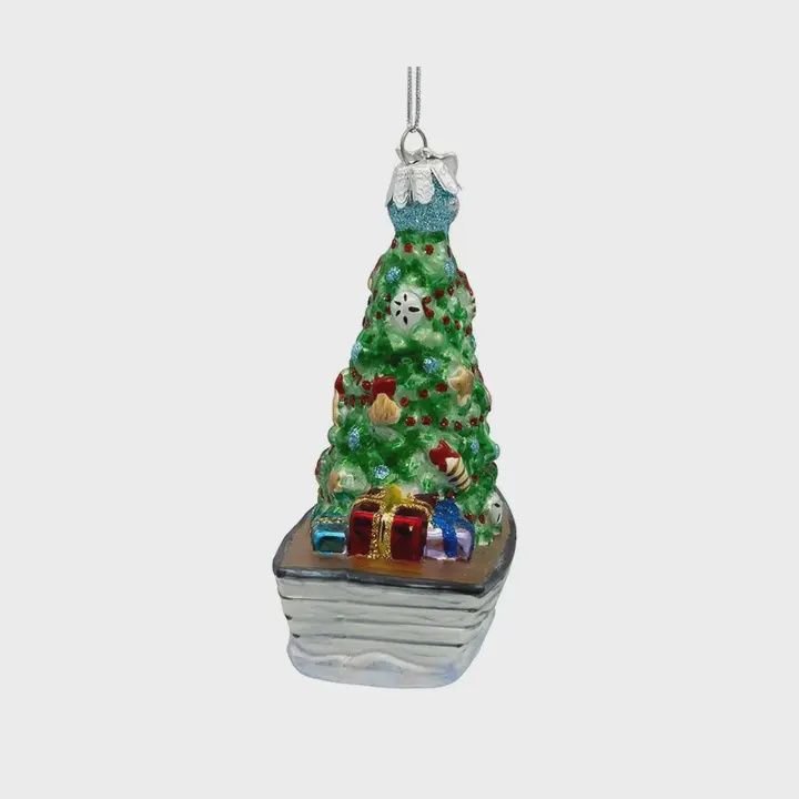Boat W/Tree Glass Ornament