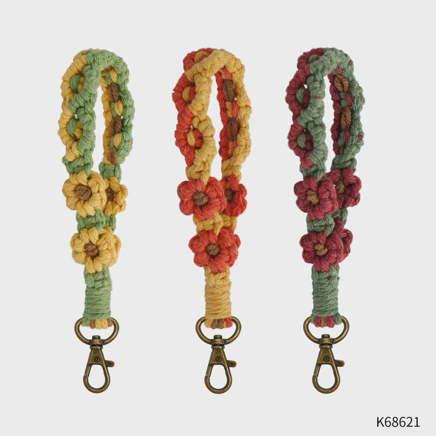 Fall Harvest Macrame Daisy Flower Wristlet Keychain