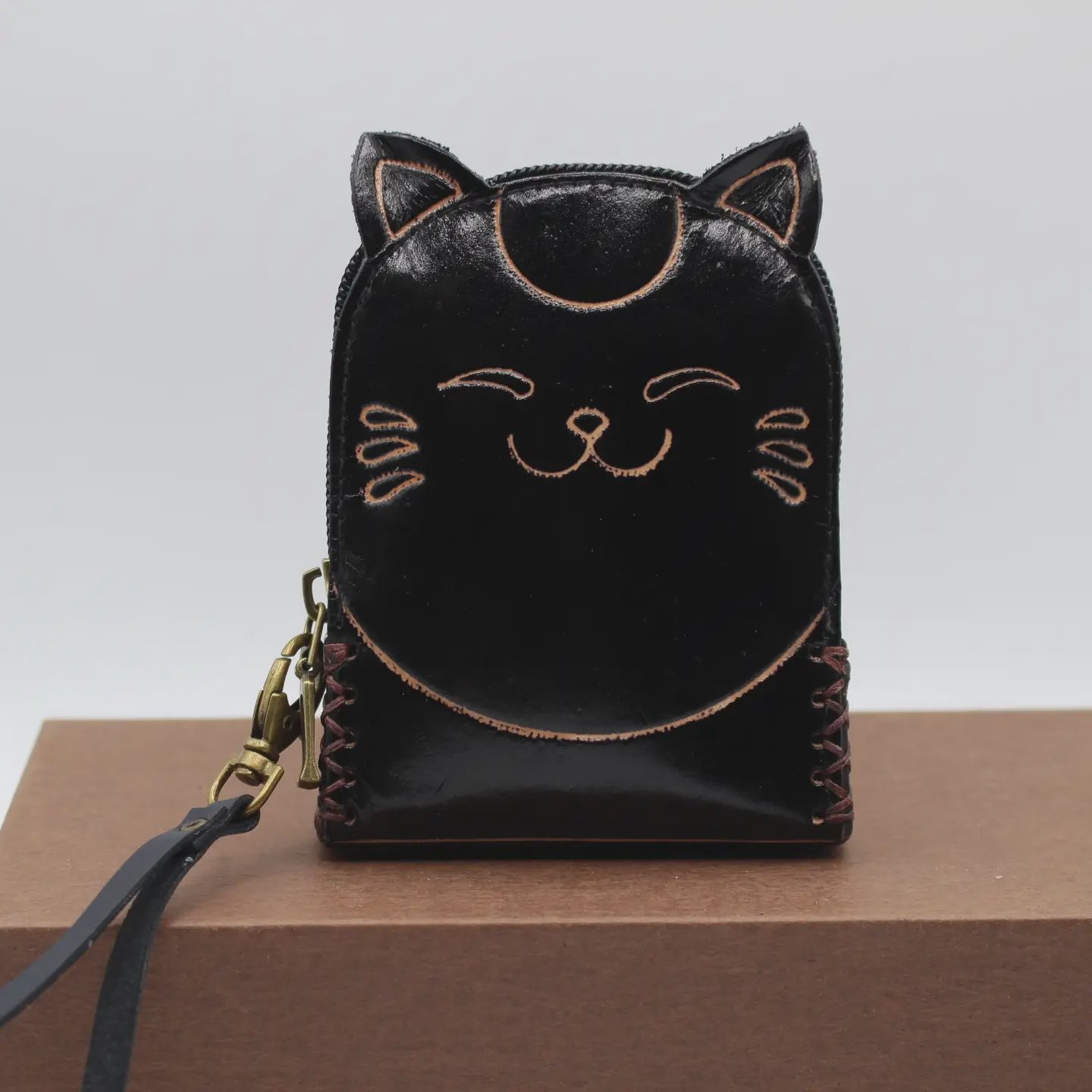 Handmade leather black cat coin purse wallet backpack