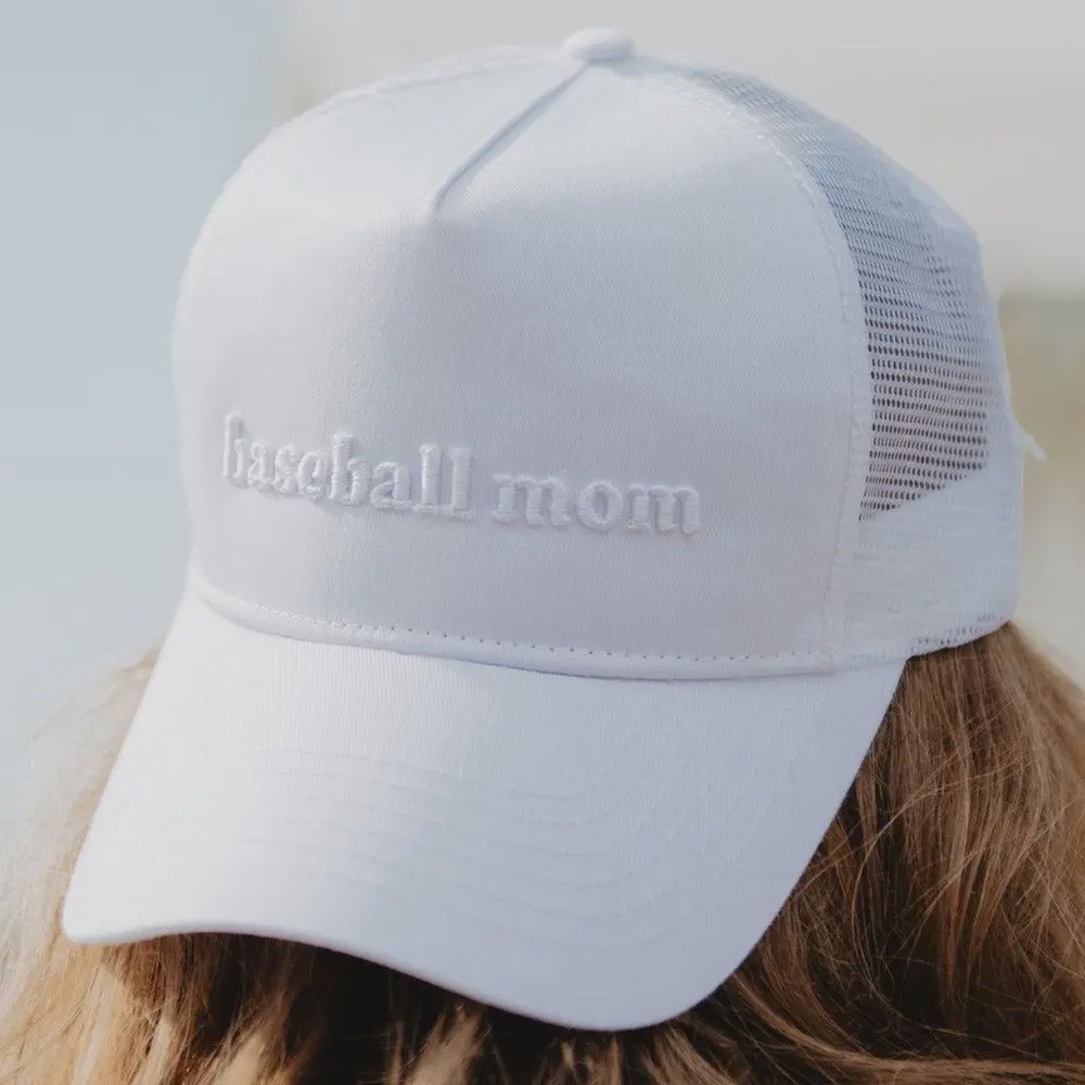 Baseball Mom 3-D Embroidered Trucker Hat | White