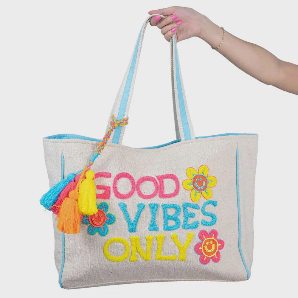 Good Vibes Only Happy Flowers Canvas Tote Bag Purse | Beige Canvas