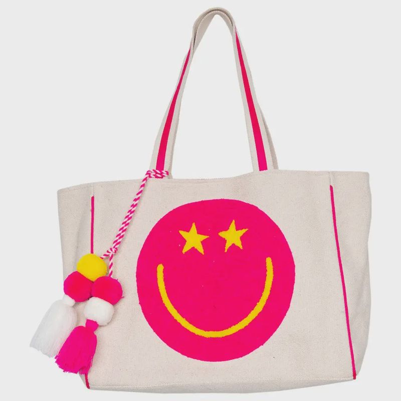 Hot Pink Star Eye Happy Face Tote Bag For Women | Beige Canvas