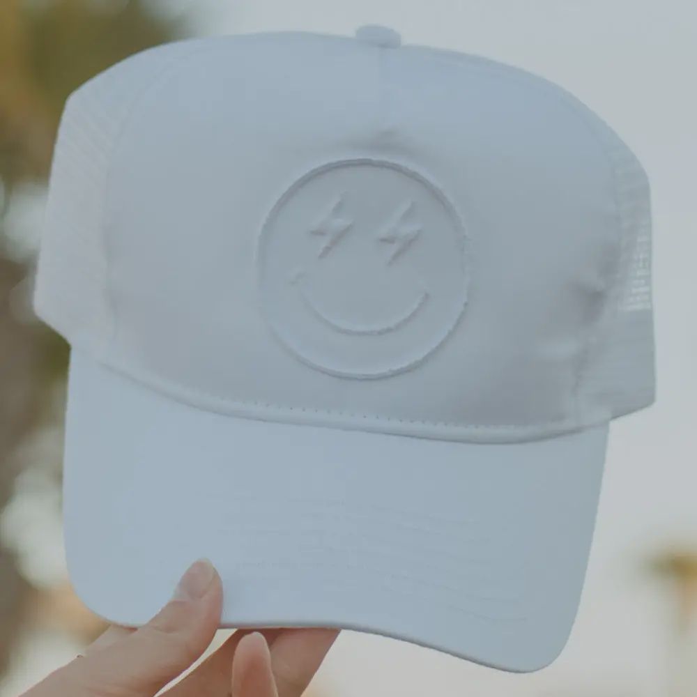 Lightning Happy Face 3-D Embroidered Trucker Hat | White
