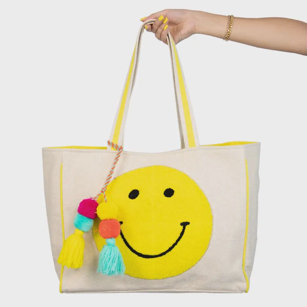 Happy Face Chenille Patch Canvas Big Tote Bags | Beige Canvas