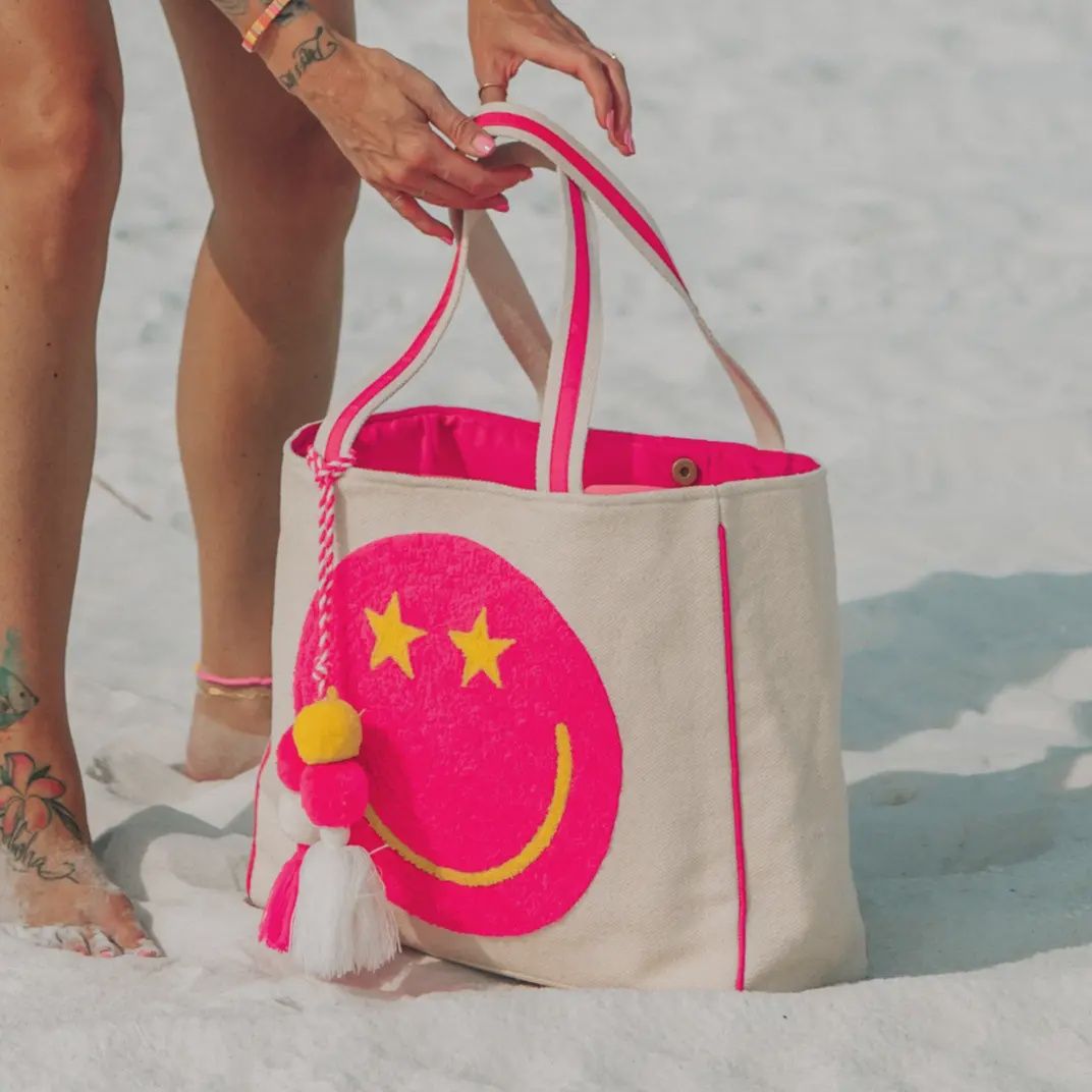 Hot Pink Star Eye Happy Face Tote Bag For Women | Beige Canvas