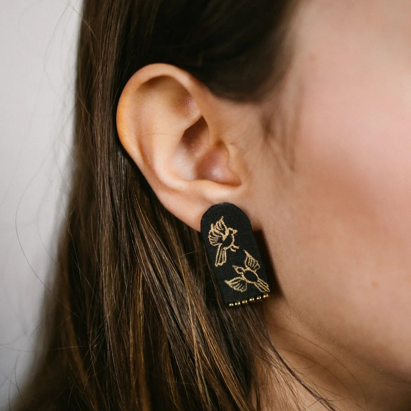 Hand-Painted, Hand-Beaded Fabric Gold Bird Earrings