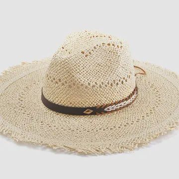 Claudia Wide Brim Straw Hat w/ Frayed Edge, Color: Beige