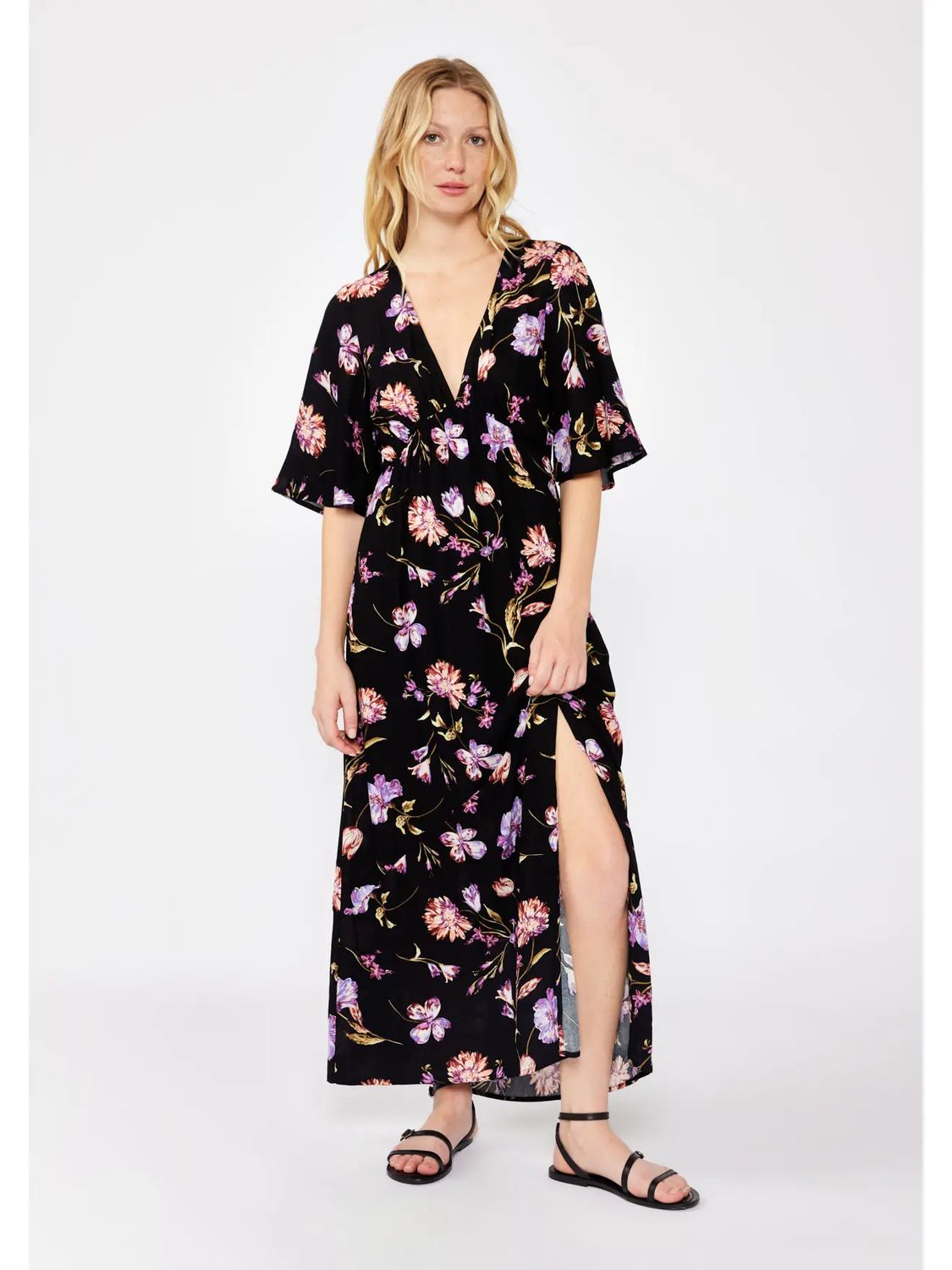 V-Neck Empire Maxi Dress with Slit/Black