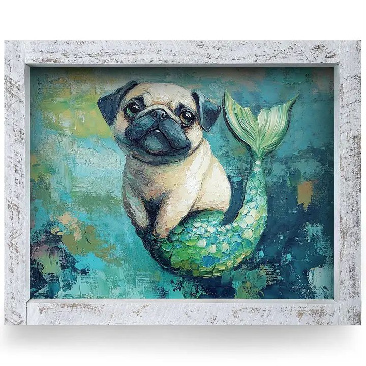 Beautiful Mermaid Angel Pug 8x12 White Wooden Framed Print