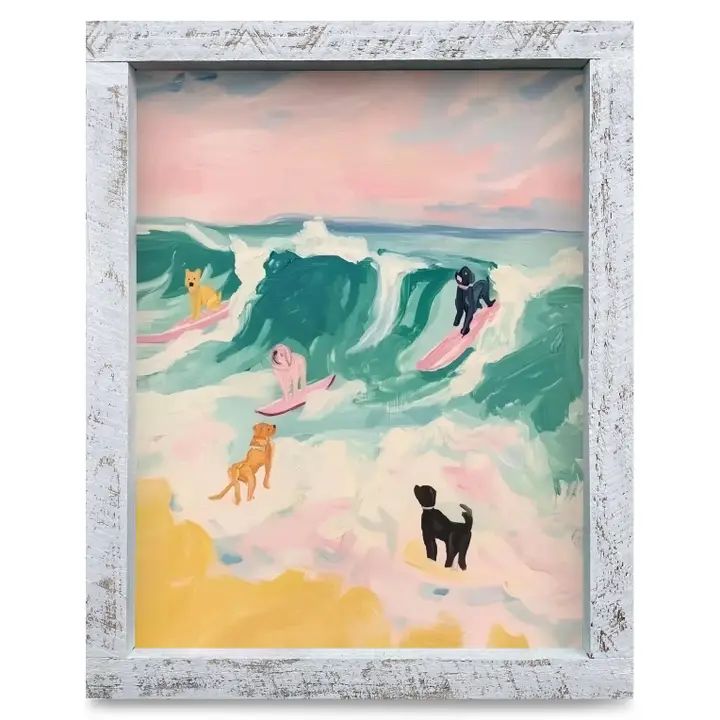 Surfing Dogs 18x24 White Wooden Framed Print