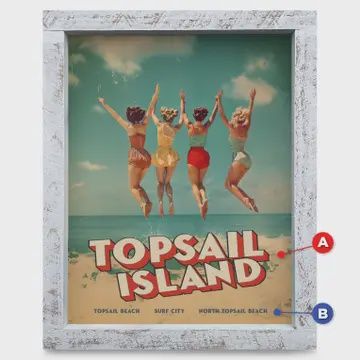 Vintage Jumping Girls &quot;Ocracoke Island&quot; 8x12 Wood Framed