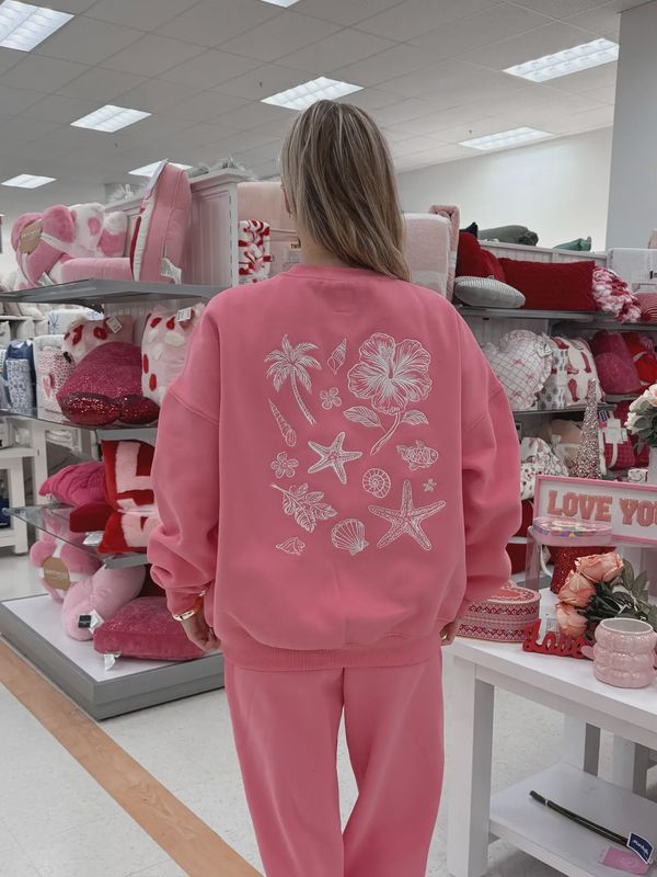 Hibiscus Pink Tropical Embroider Sweatshirt