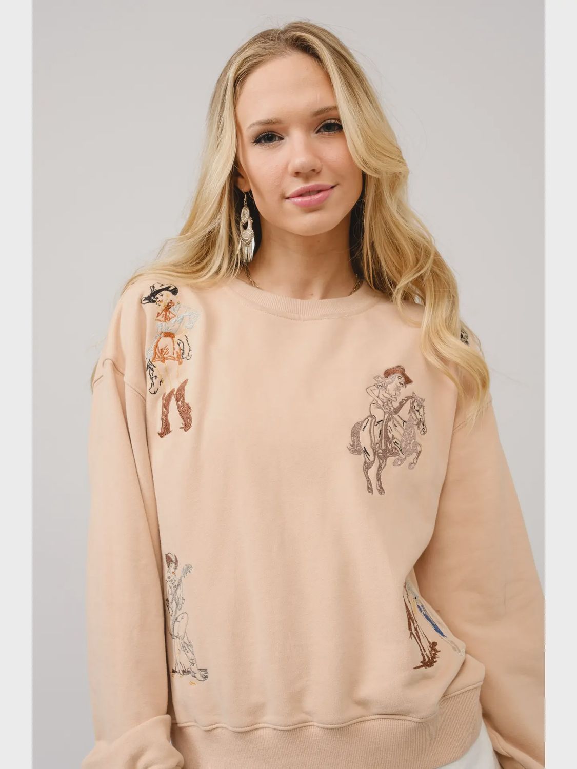 Western Motif Sweatshirt - Tan, Size: L