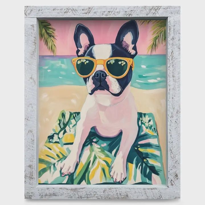 Beachie Boston Terrier Wood Framed Art 8x12