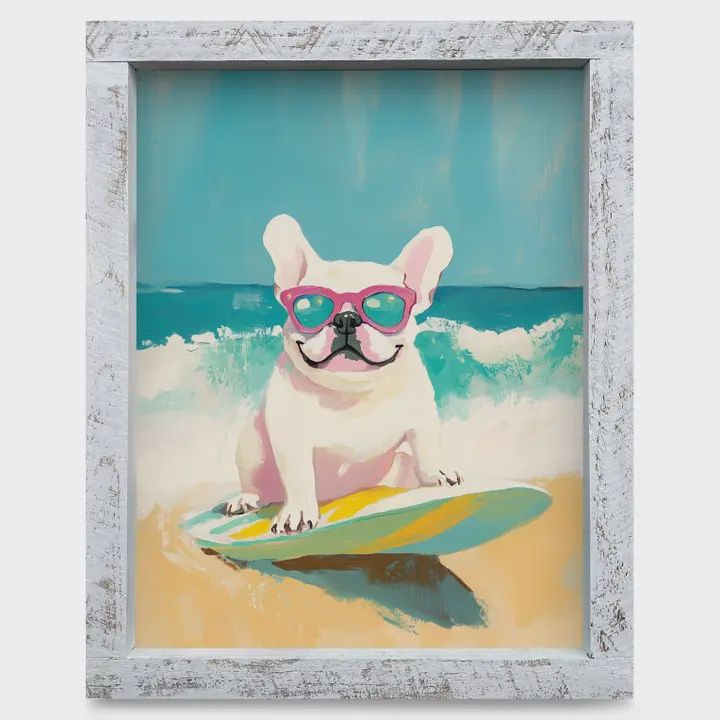 Surfs Up French Bulldog Wood Framed Art 8x12