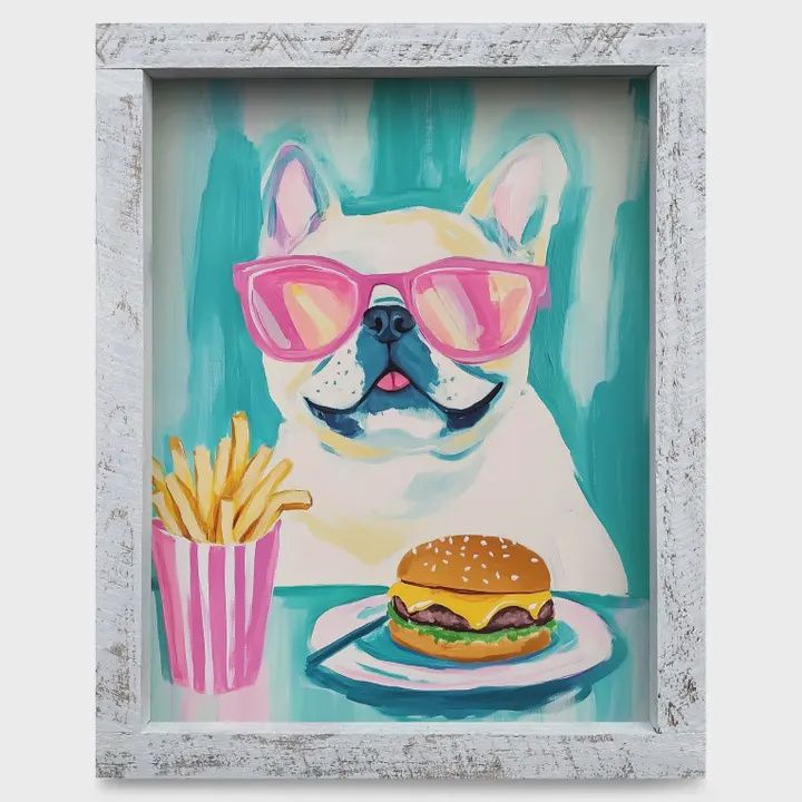 French Bulldog Burger Wood Framed Art 8x12