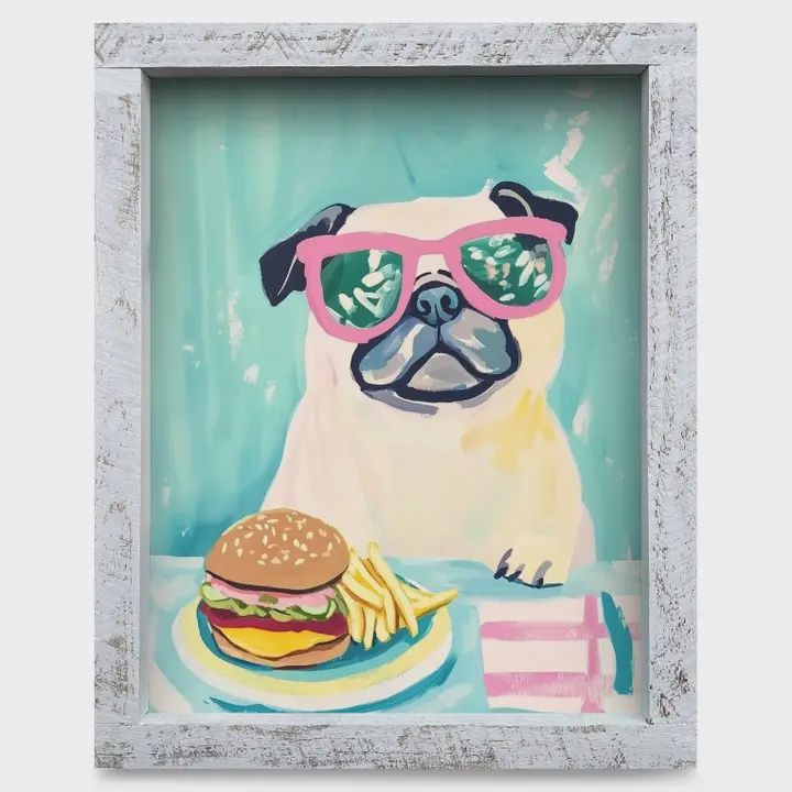 Pug Burger Wood Framed Wall Art 8x12