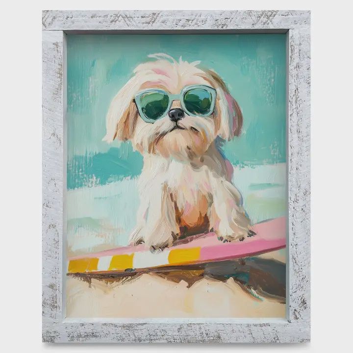 Wave Riding Shih Tzu Wood Framed Art 8x12