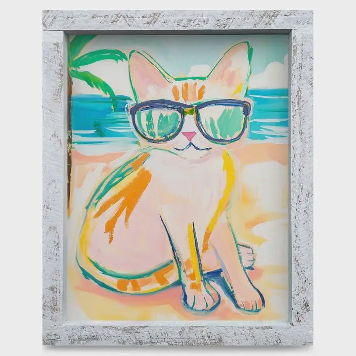 Tropical Cat Wood Framed Art 8x12