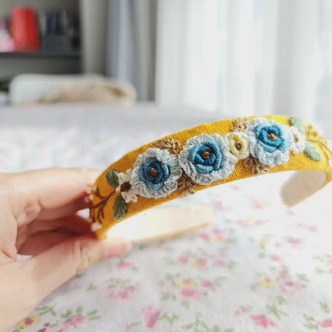 Floral Embroidered Headband - Elena, Color: Blue Roses