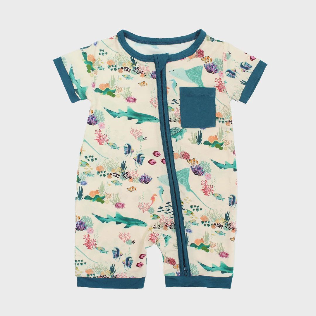 Coral Reef Bamboo Baby Shortie Romper, Size: 0-3M