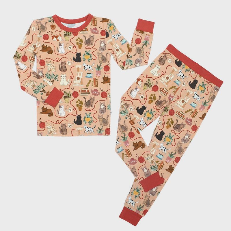 Cats Meow Pets Kids Bamboo Pajamas Toddler Sleep Set | Peach
