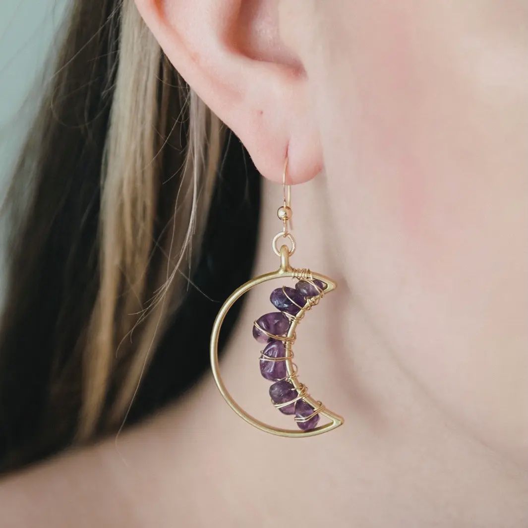 Celestial Moon Earrings - Amethyst, Material: Gold