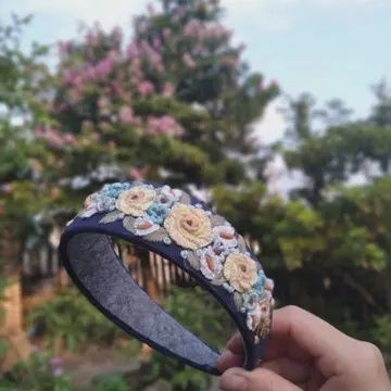 Navy Blue Wide Headband with Yellow Flowers Embroidery