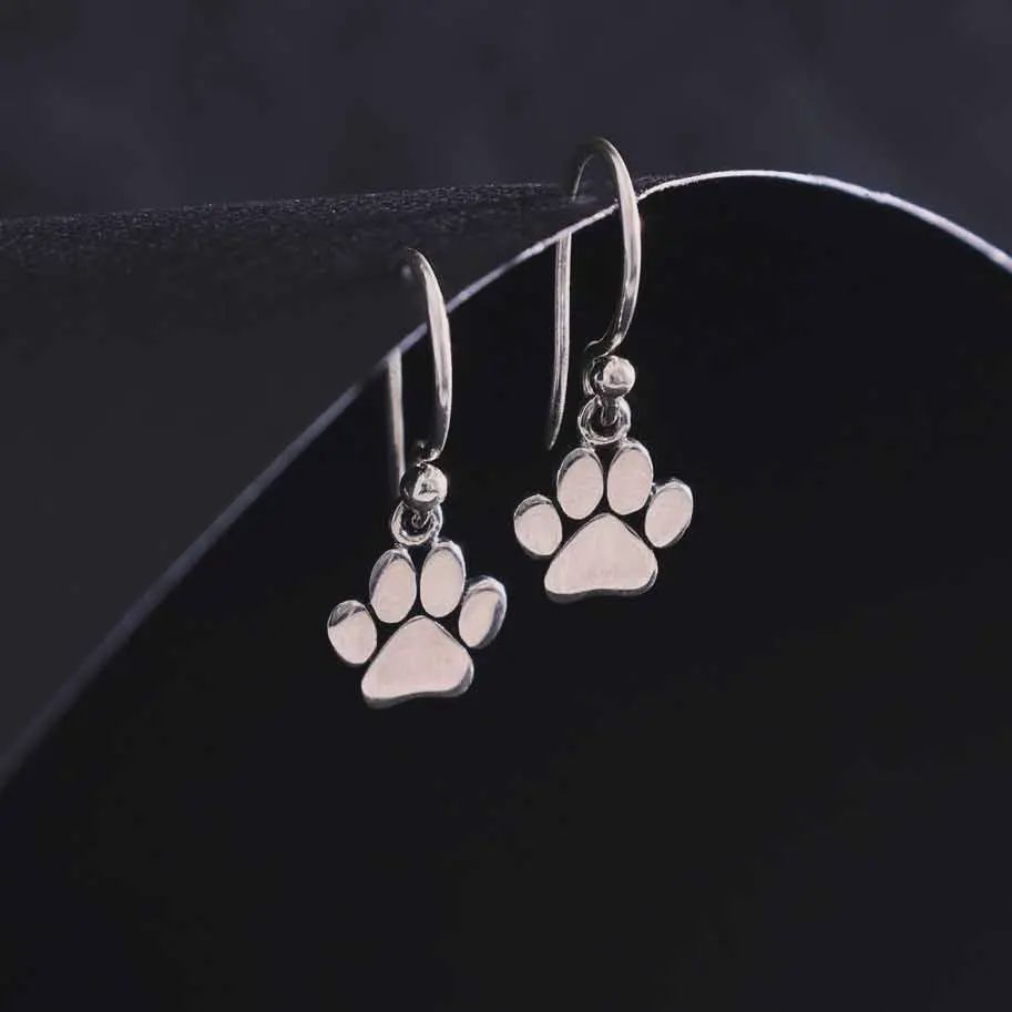 Sterling Silver Paw Print Dangle Earrings 21x9mm