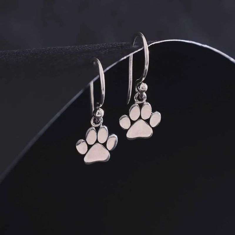 Sterling Silver Paw Print Dangle Earrings 21x9mm