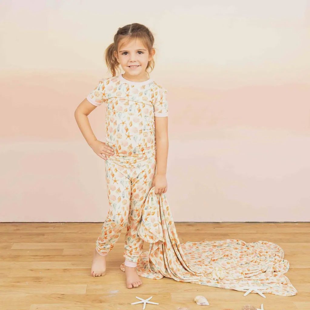 Sandy Seashells Bamboo Short Sleeve Kids Pajama Pants Set
