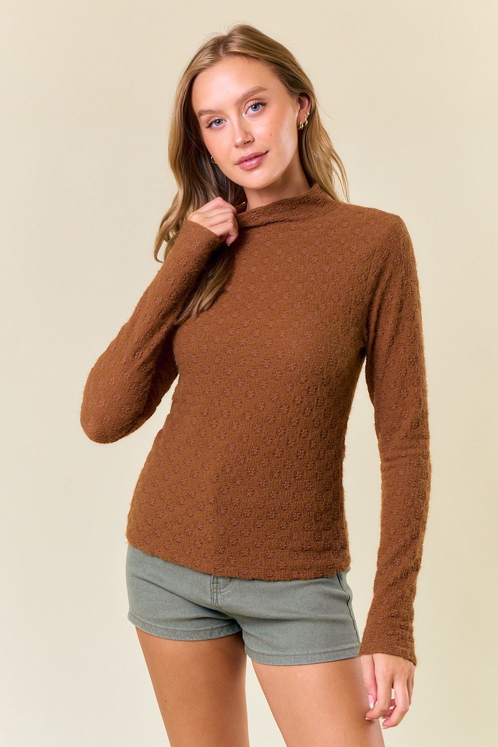 Brushed Floral Stretch Lace Turtle Neck Top- 44674T | COFFEE