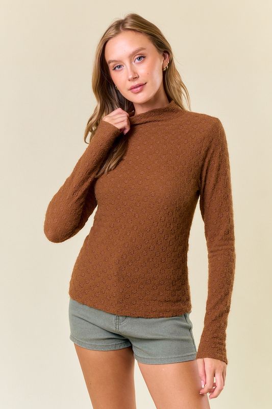 Brushed Floral Stretch Lace Turtle Neck Top- 44674T | COFFEE