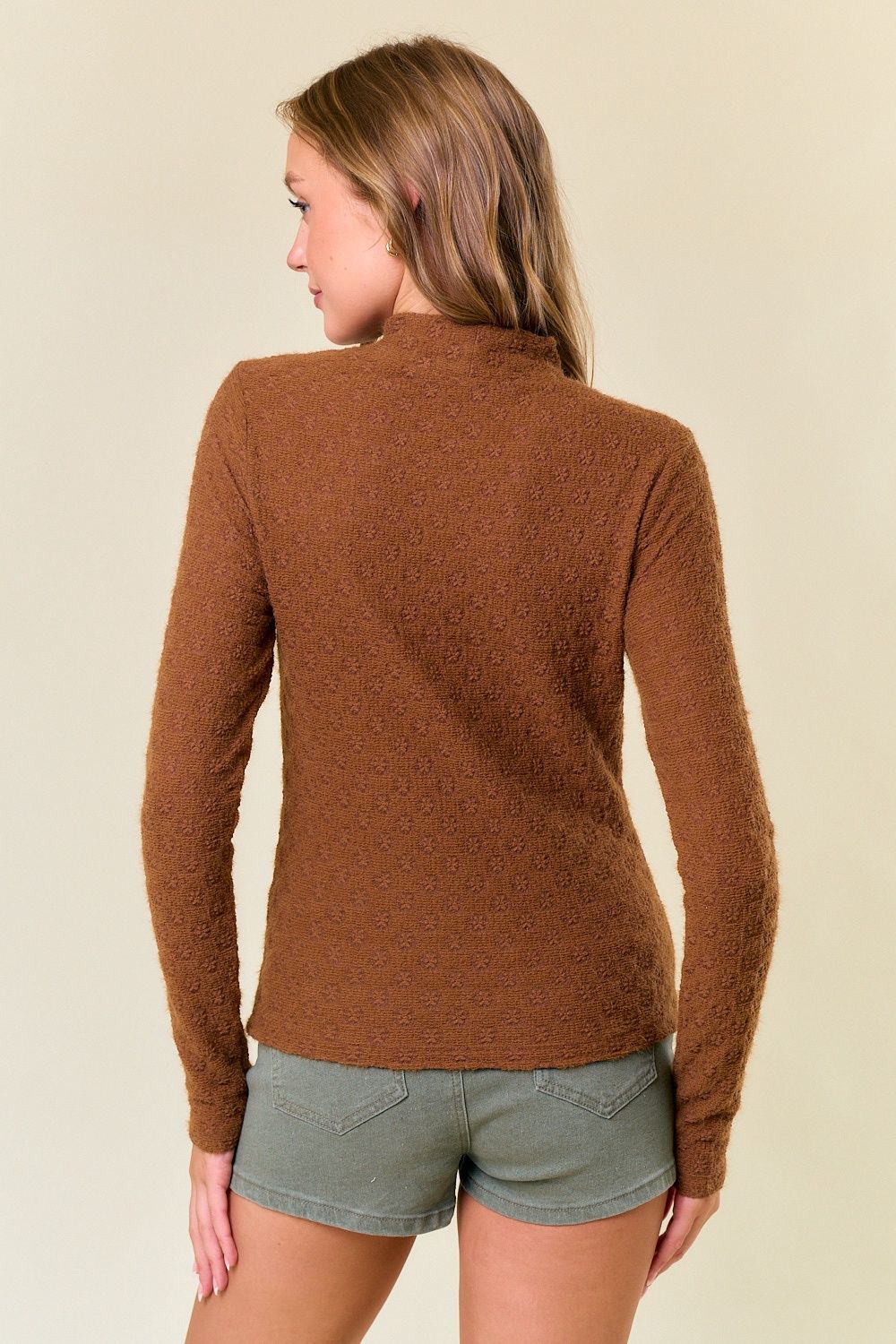 Brushed Floral Stretch Lace Turtle Neck Top- 44674T | COFFEE