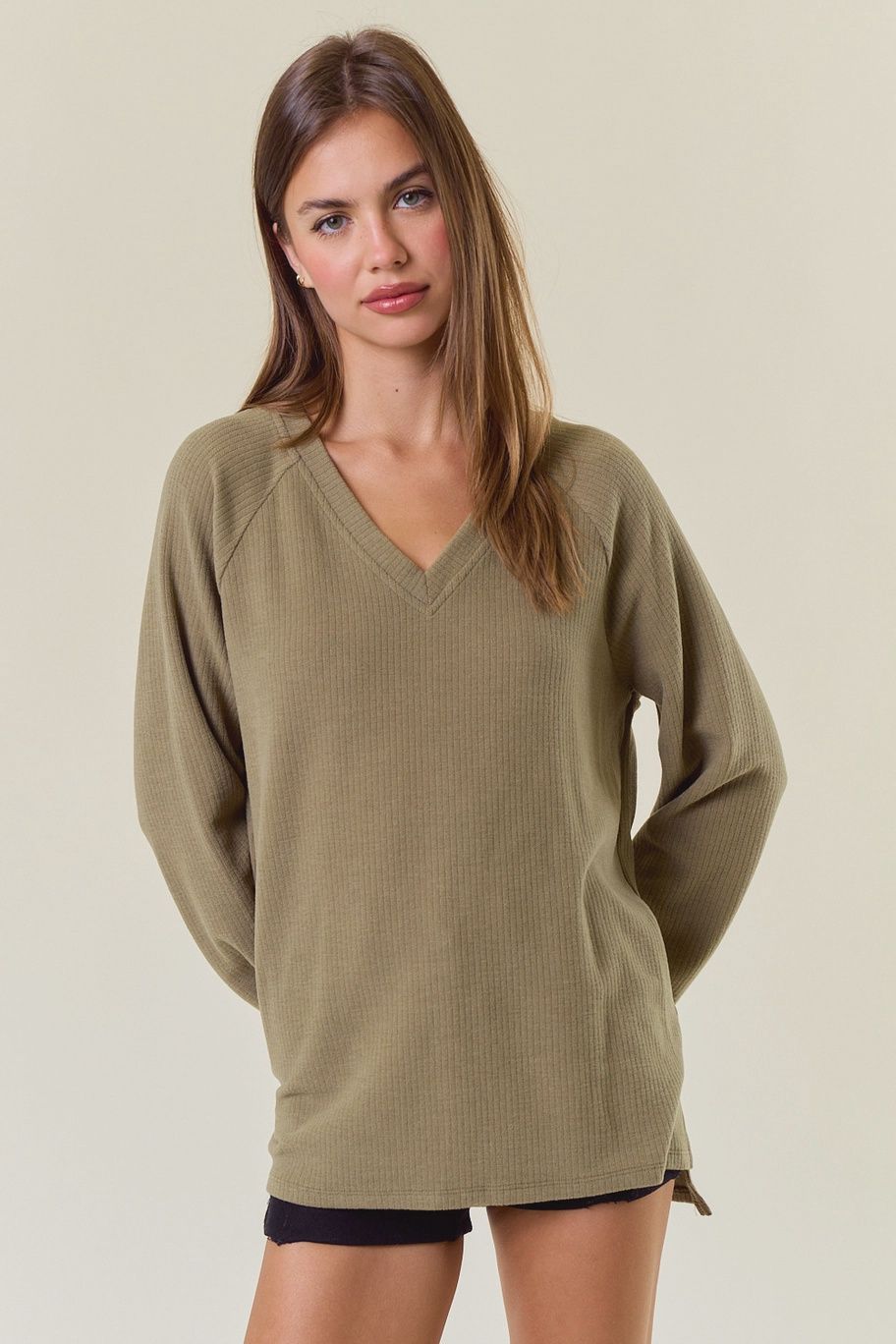 Brushed Rib Double V-Neck Raglan Long Sleeve Top/Olive