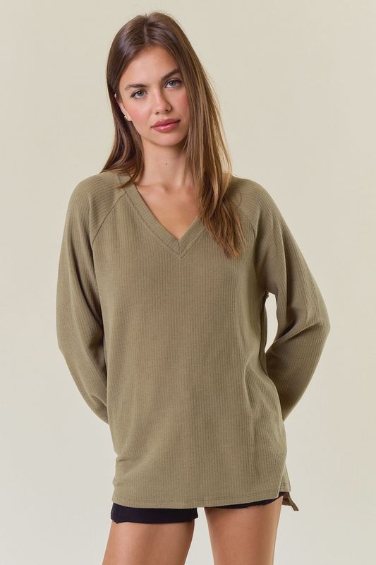 Brushed Rib Double V-Neck Raglan Long Sleeve Top/Olive