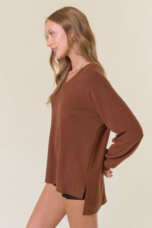 Brushed Rib Double V-Neck Raglan Long Sleeve Top/Coffee