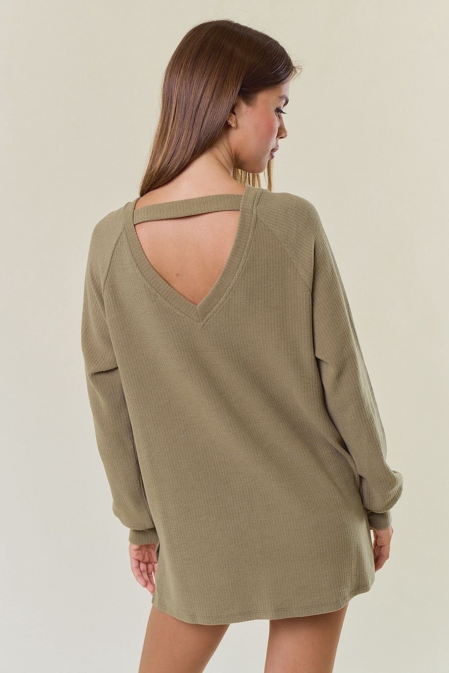 Brushed Rib Double V-Neck Raglan Long Sleeve Top/Olive