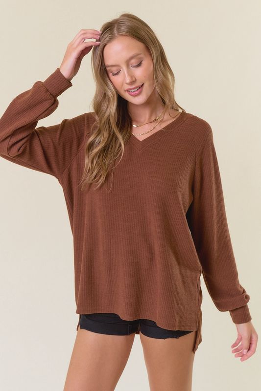 Brushed Rib Double V-Neck Raglan Long Sleeve Top/Coffee